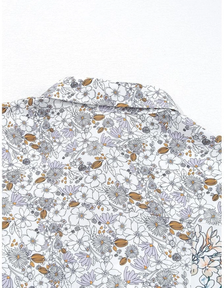 Purple Boho Floral Bishop Sleeve Button Up Loose Shirt