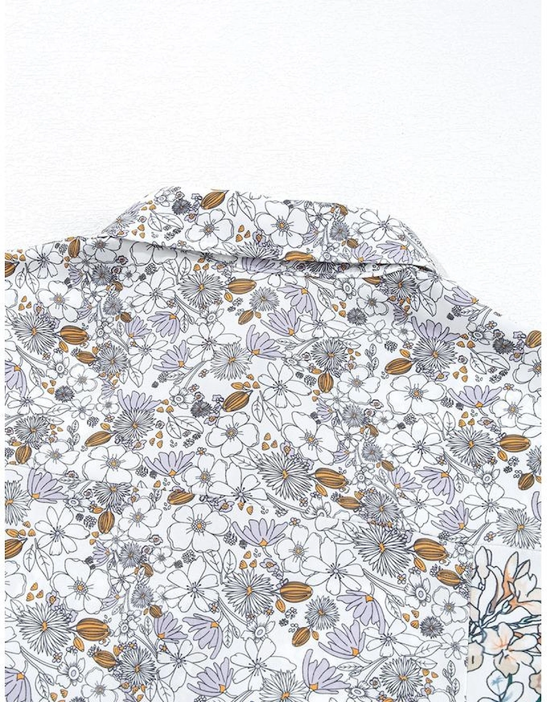 Purple Boho Floral Bishop Sleeve Button Up Loose Shirt