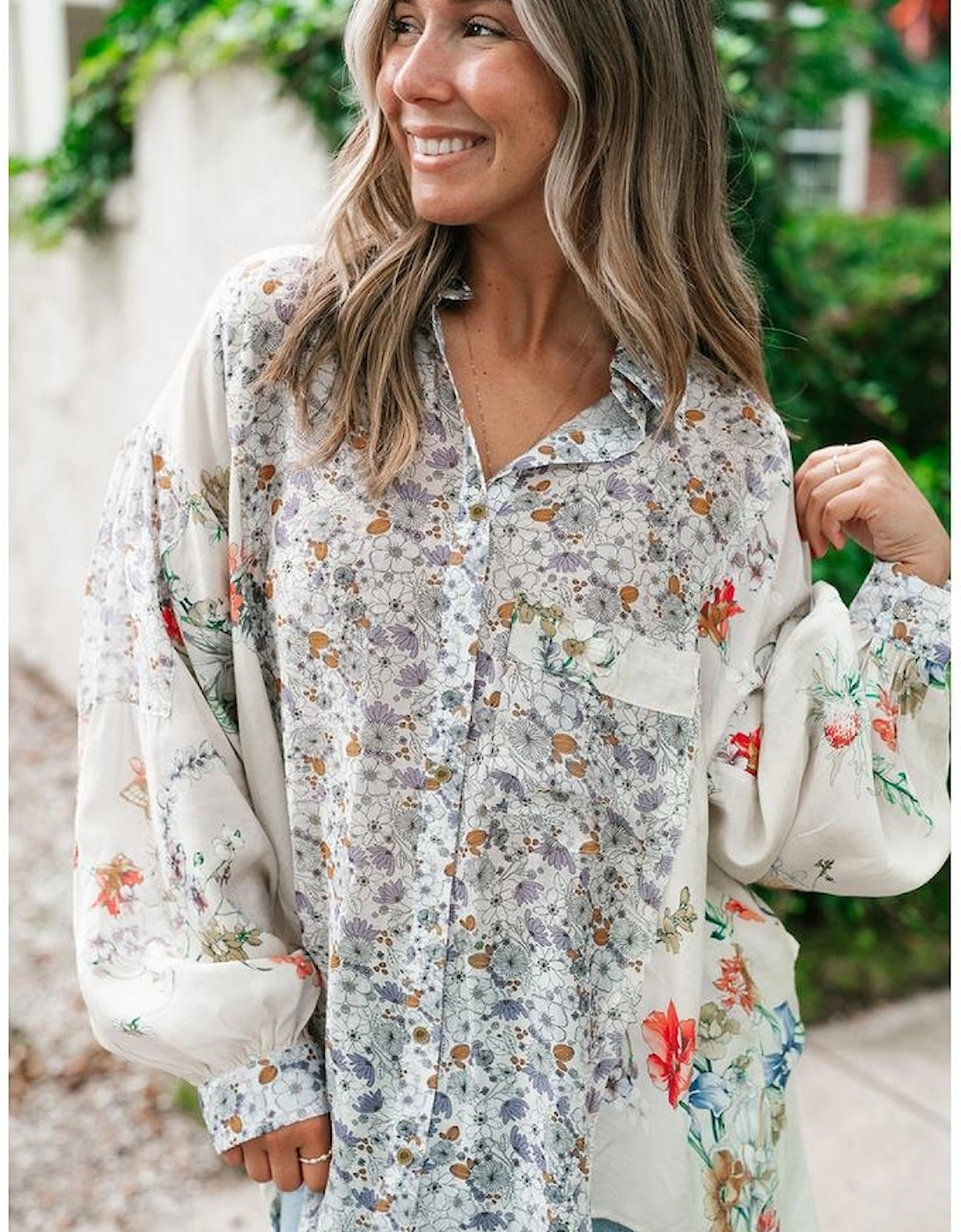 Purple Boho Floral Bishop Sleeve Button Up Loose Shirt