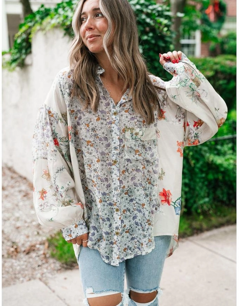 Purple Boho Floral Bishop Sleeve Button Up Loose Shirt