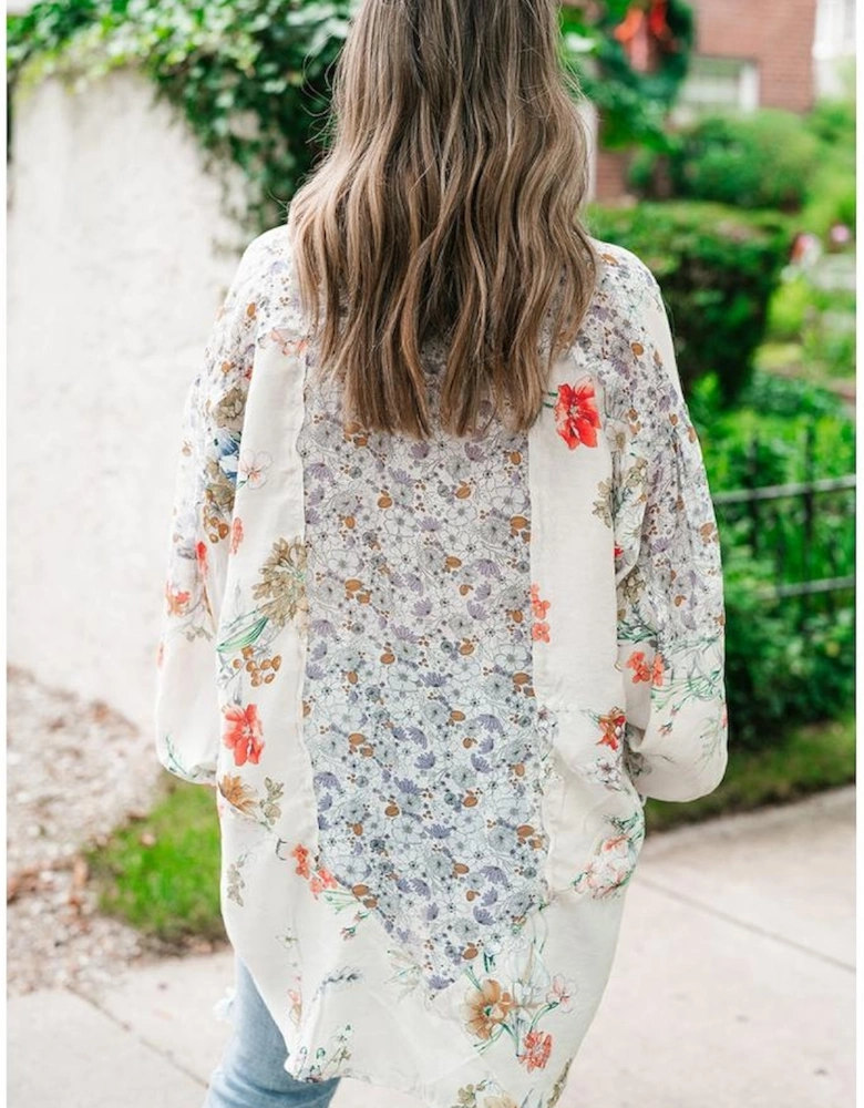 Purple Boho Floral Bishop Sleeve Button Up Loose Shirt