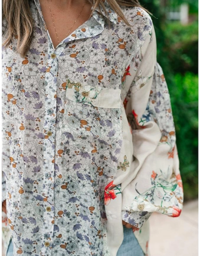 Purple Boho Floral Bishop Sleeve Button Up Loose Shirt