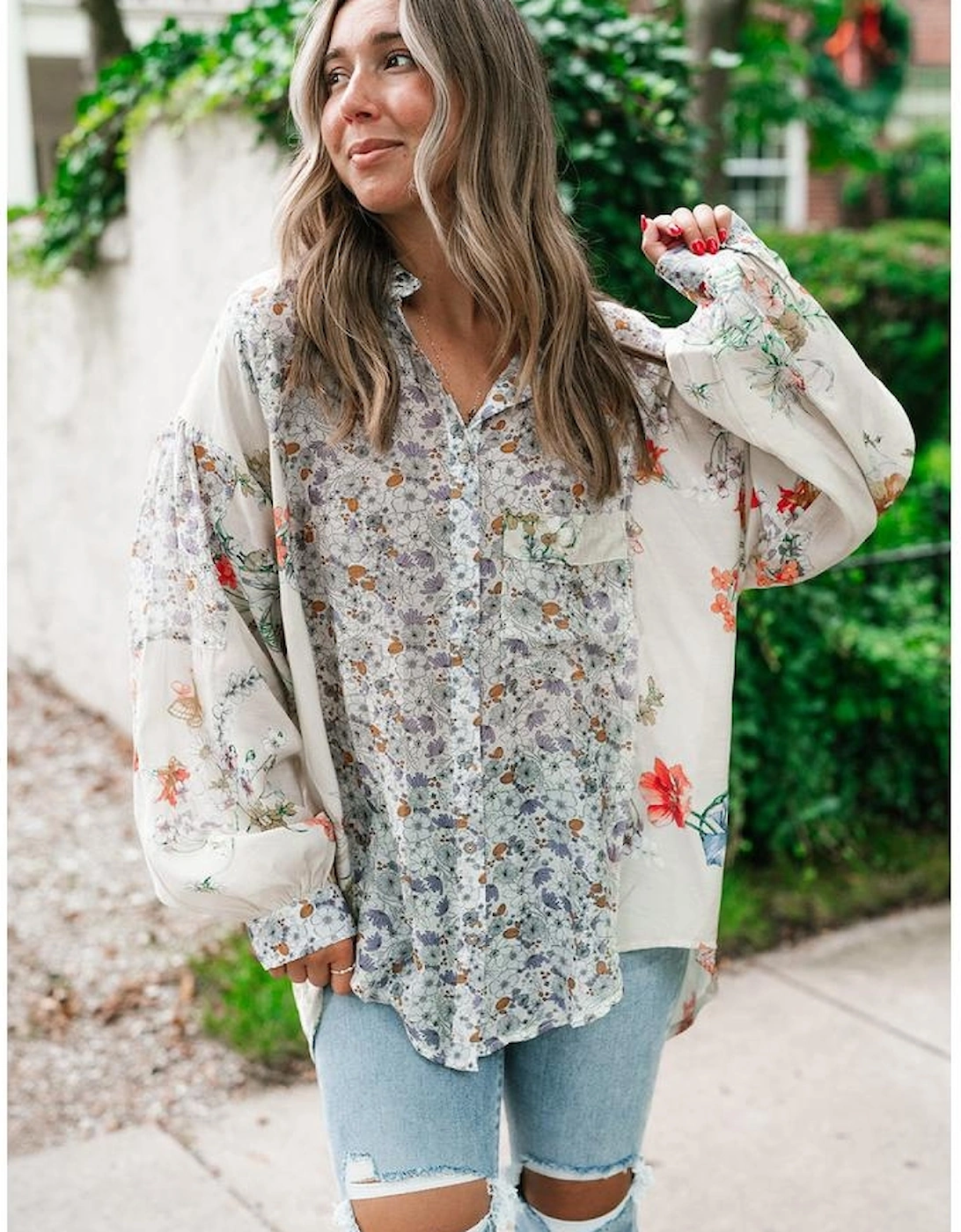 Purple Boho Floral Bishop Sleeve Button Up Loose Shirt