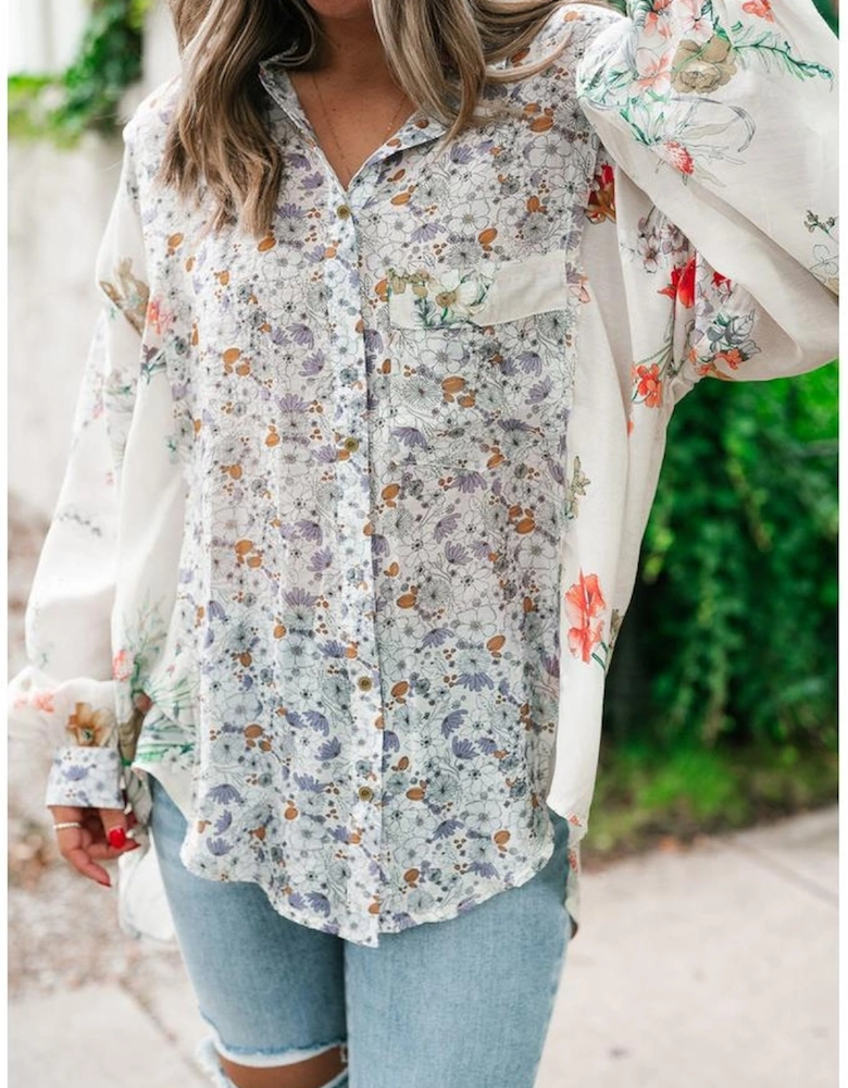 Purple Boho Floral Bishop Sleeve Button Up Loose Shirt