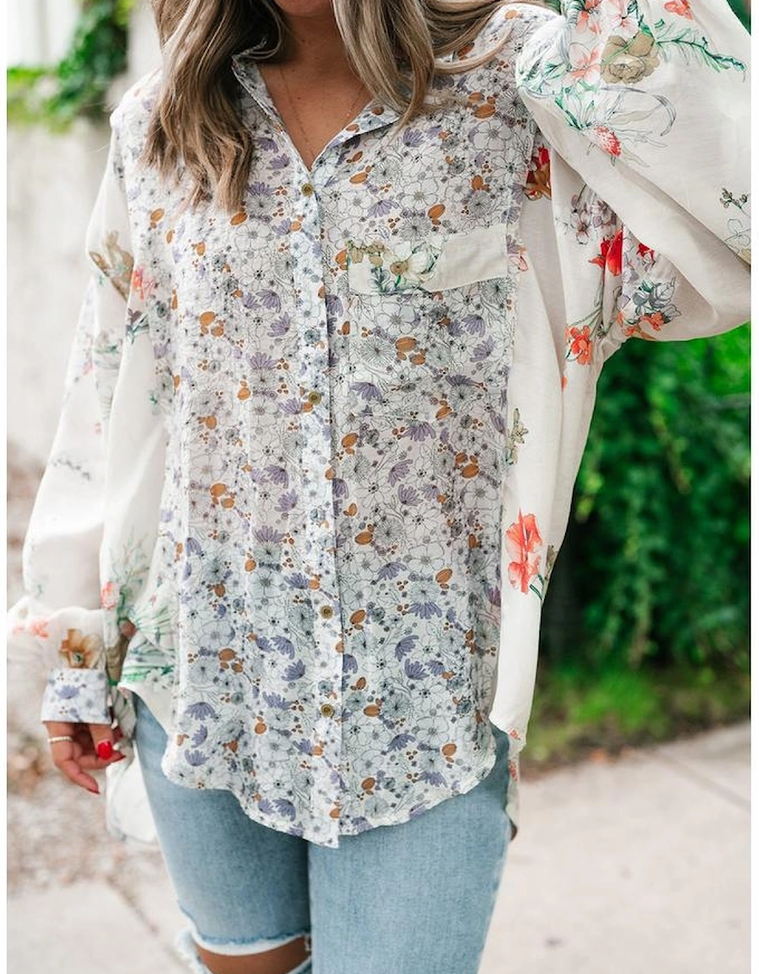 Purple Boho Floral Bishop Sleeve Button Up Loose Shirt