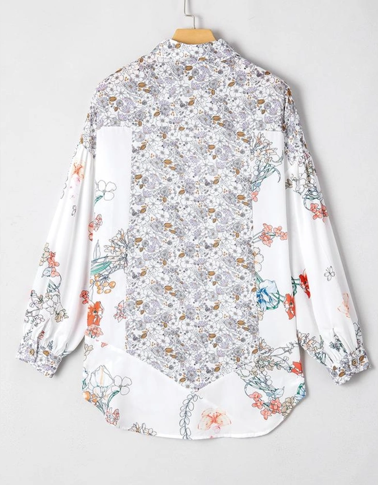 Purple Boho Floral Bishop Sleeve Button Up Loose Shirt