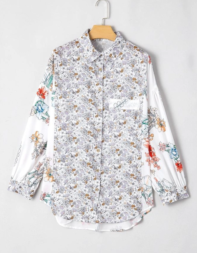 Purple Boho Floral Bishop Sleeve Button Up Loose Shirt