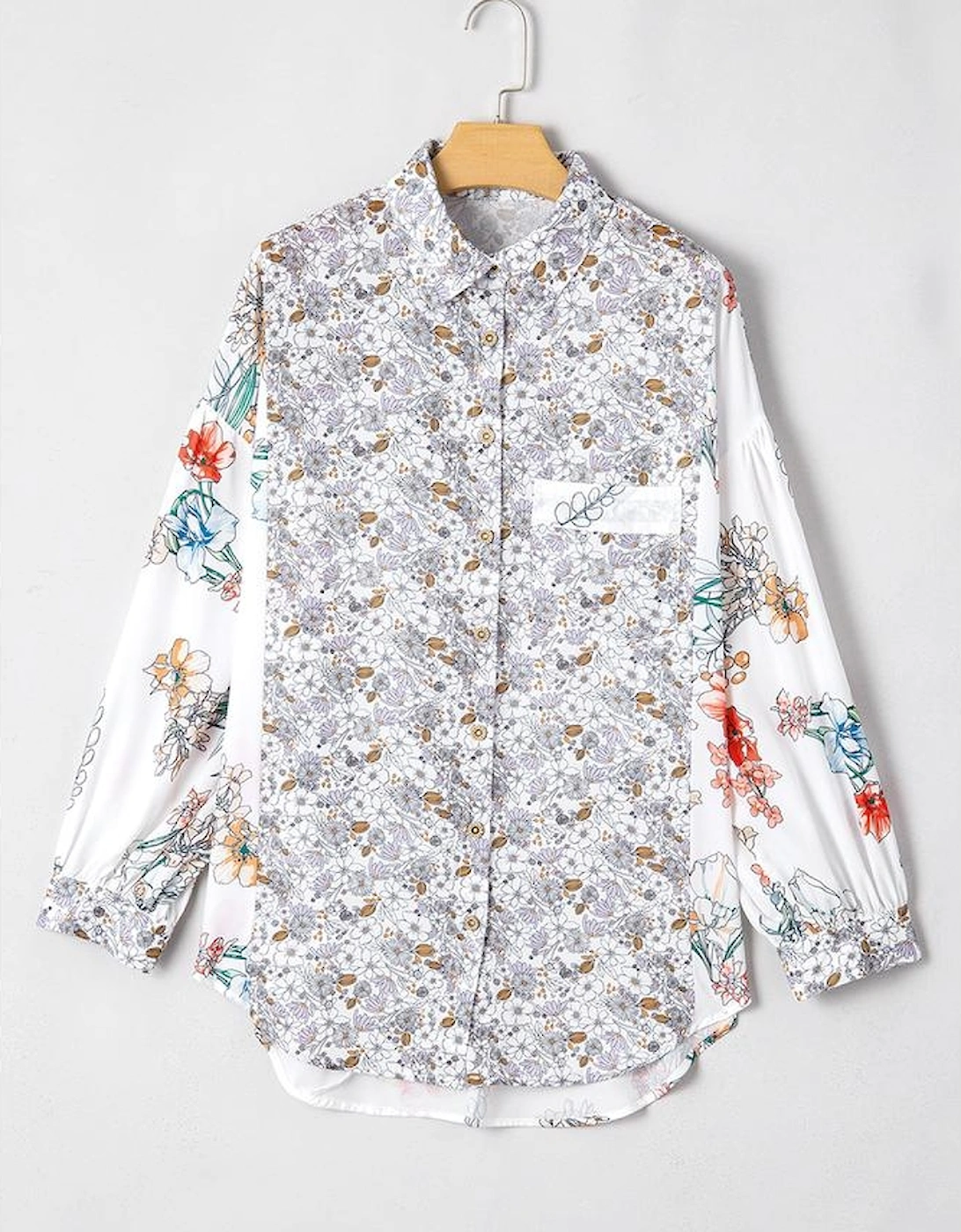 Purple Boho Floral Bishop Sleeve Button Up Loose Shirt