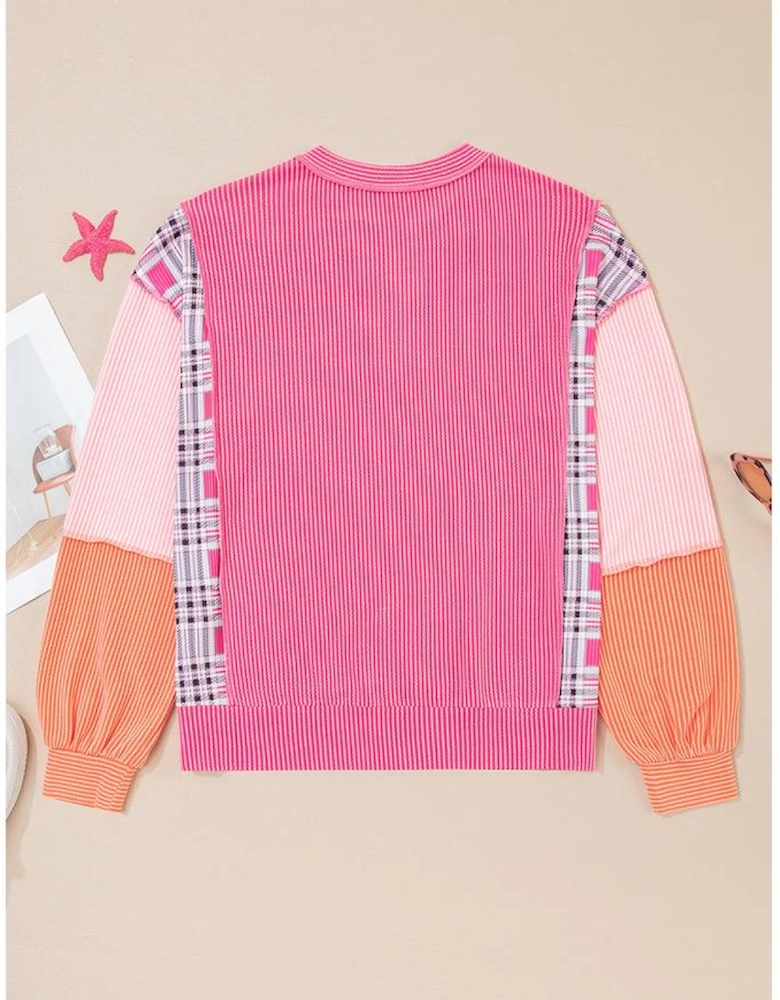 Rose Red Corded Texture Plaid Colorblock Patchwork Split Neck Long Sleeve Top