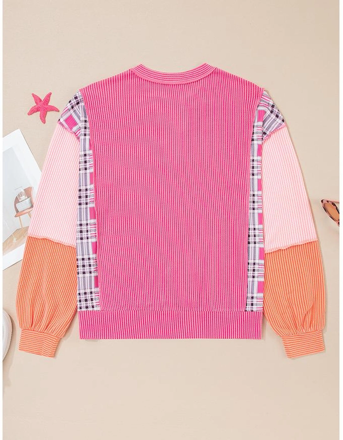 Rose Red Corded Texture Plaid Colorblock Patchwork Split Neck Long Sleeve Top