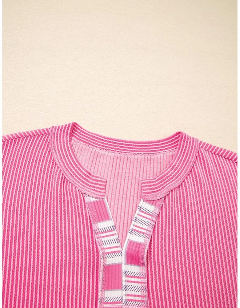 Rose Red Corded Texture Plaid Colorblock Patchwork Split Neck Long Sleeve Top