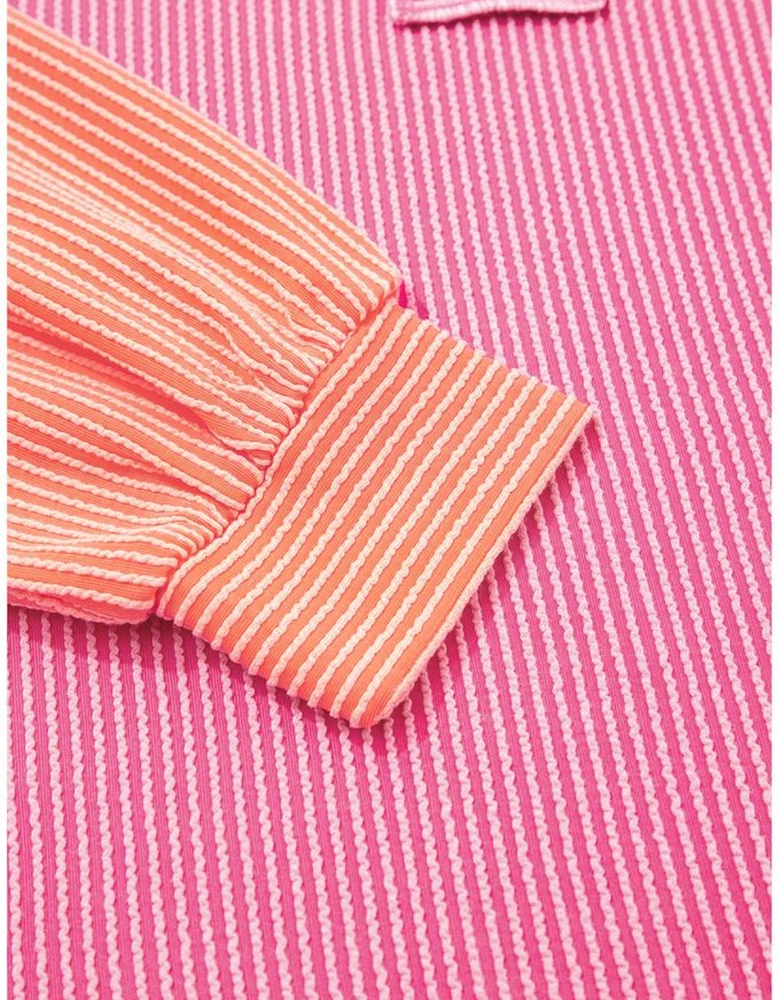 Rose Red Corded Texture Plaid Colorblock Patchwork Split Neck Long Sleeve Top