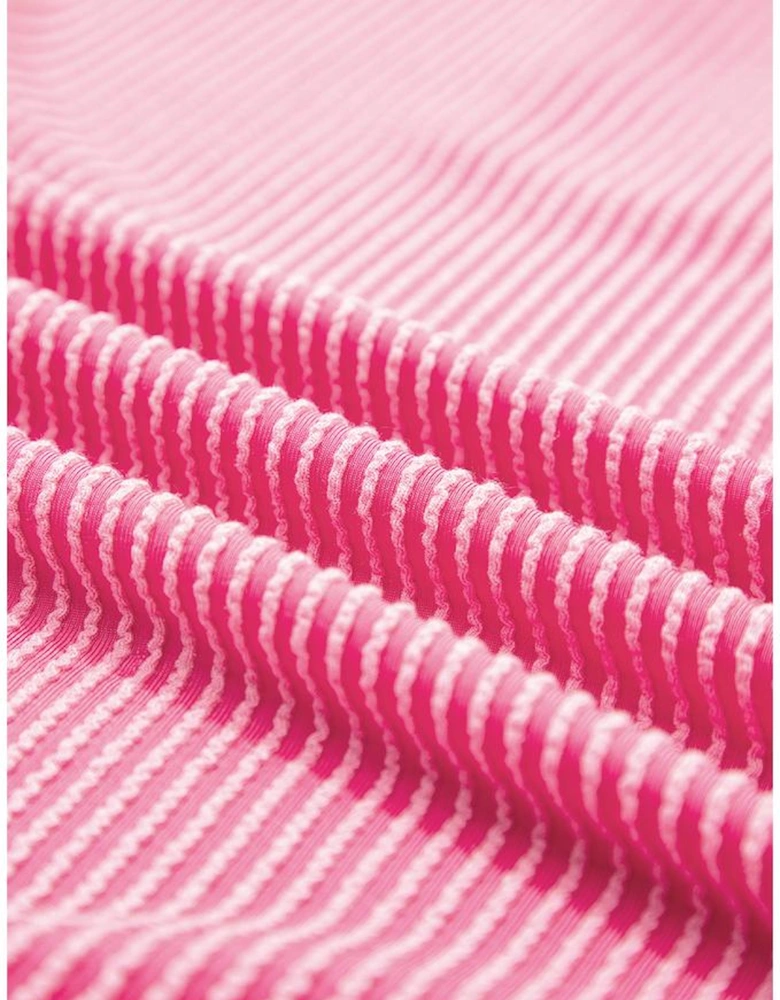 Rose Red Corded Texture Plaid Colorblock Patchwork Split Neck Long Sleeve Top