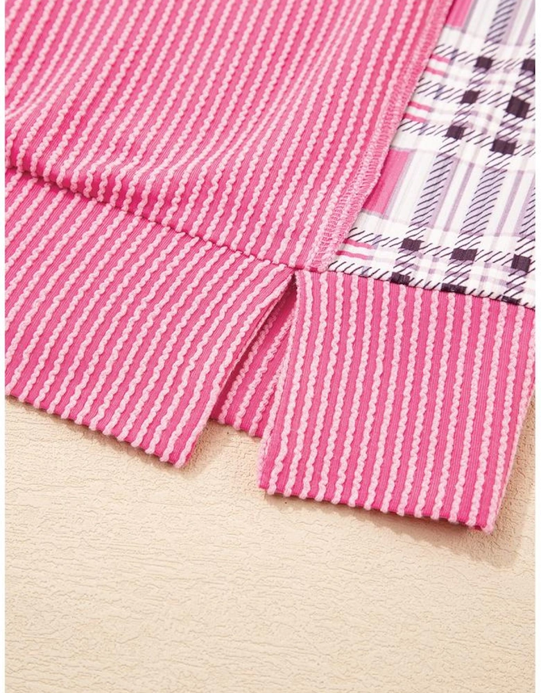 Rose Red Corded Texture Plaid Colorblock Patchwork Split Neck Long Sleeve Top