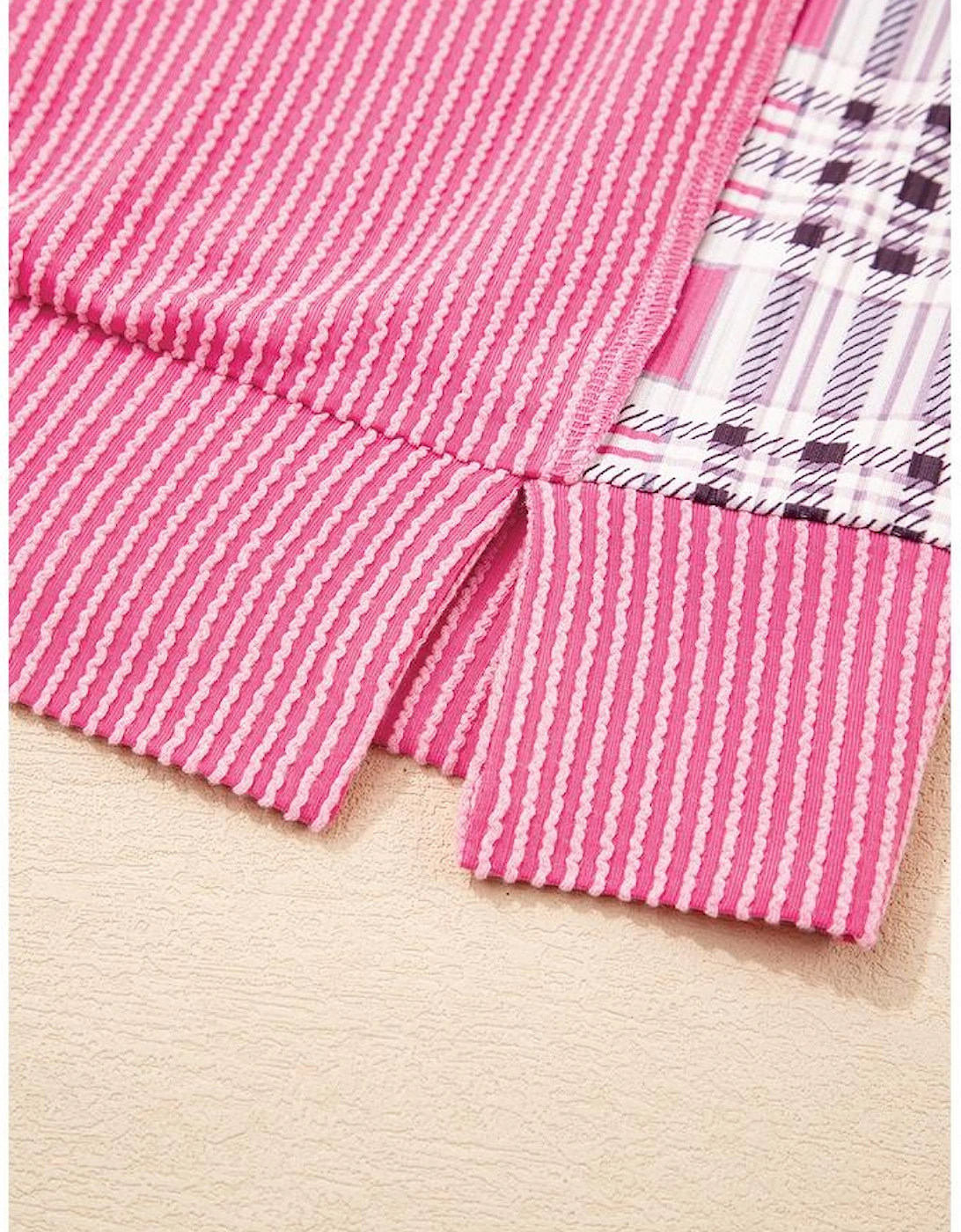 Rose Red Corded Texture Plaid Colorblock Patchwork Split Neck Long Sleeve Top