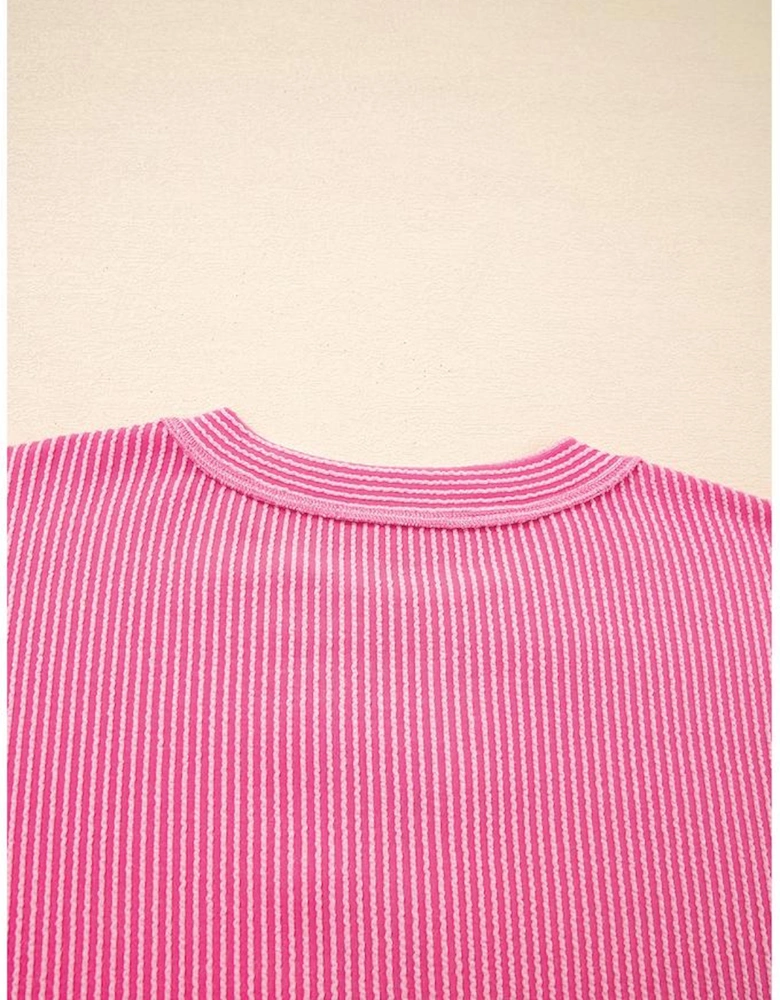 Rose Red Corded Texture Plaid Colorblock Patchwork Split Neck Long Sleeve Top