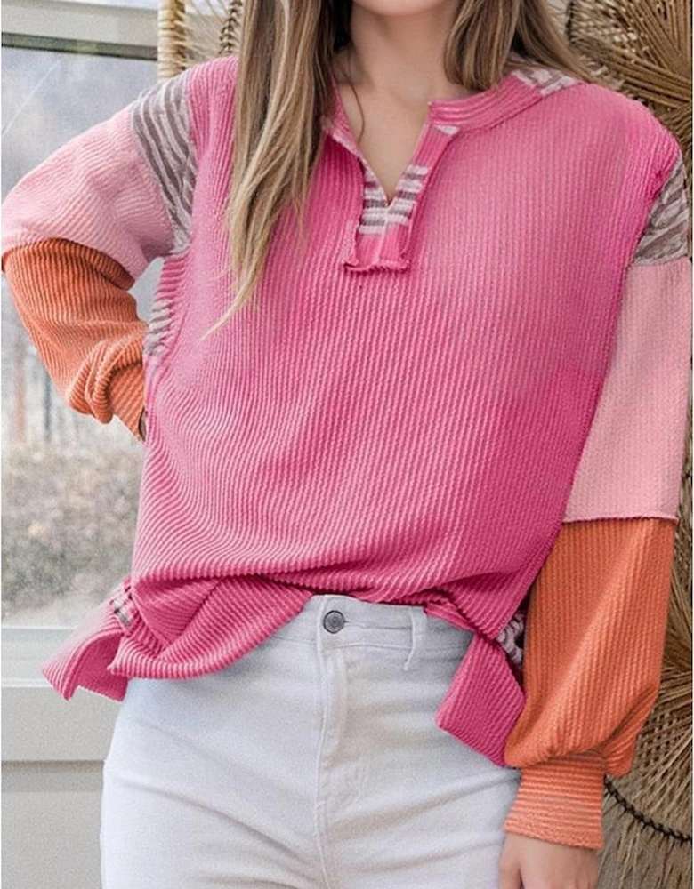 Rose Red Corded Texture Plaid Colorblock Patchwork Split Neck Long Sleeve Top
