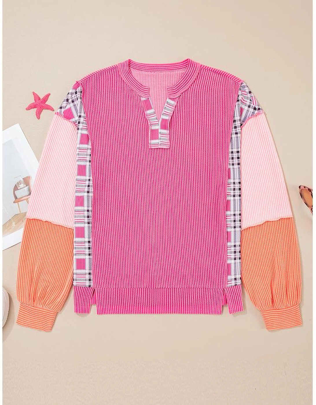 Rose Red Corded Texture Plaid Colorblock Patchwork Split Neck Long Sleeve Top