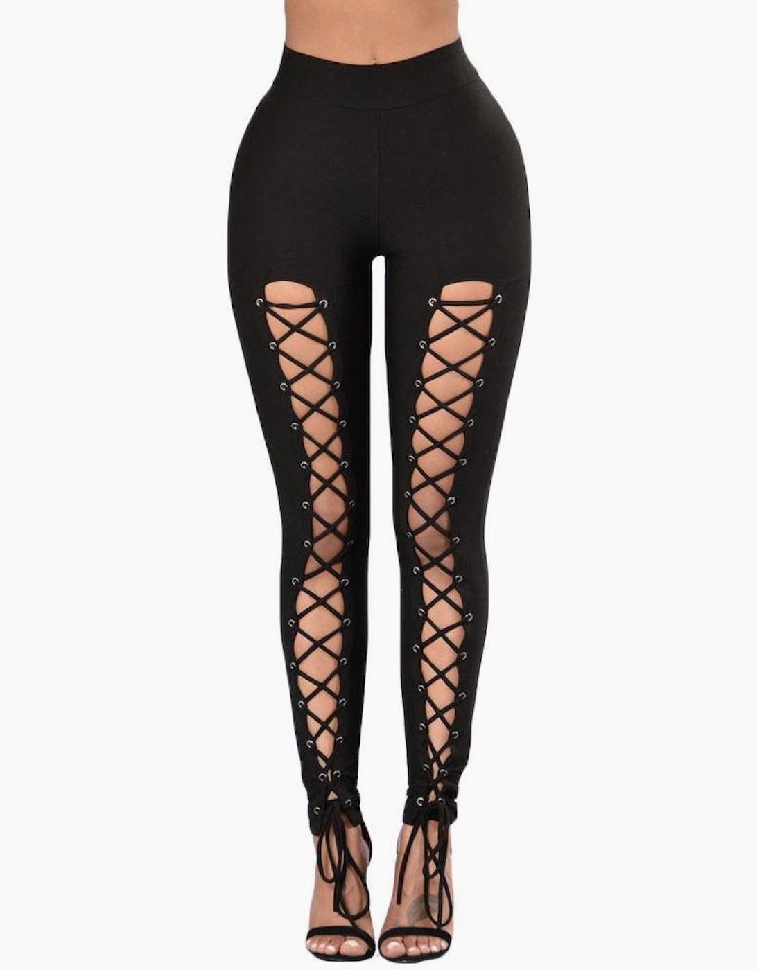 Black Grommet Lace Up Front Leggings