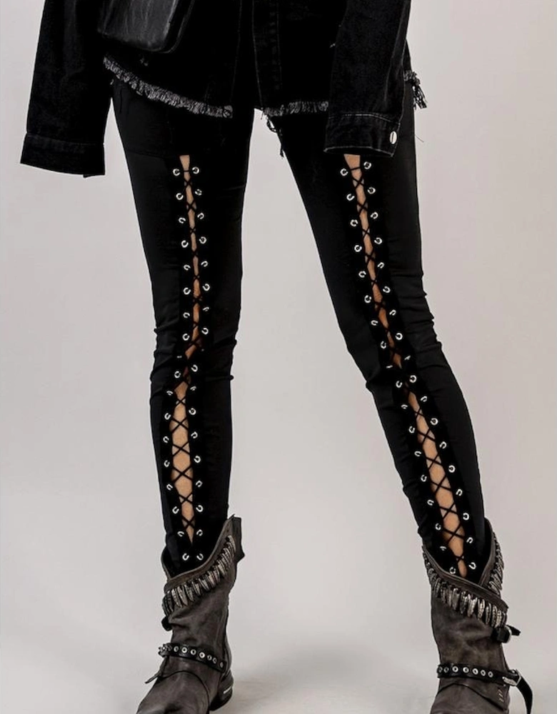 Black Grommet Lace Up Front Leggings
