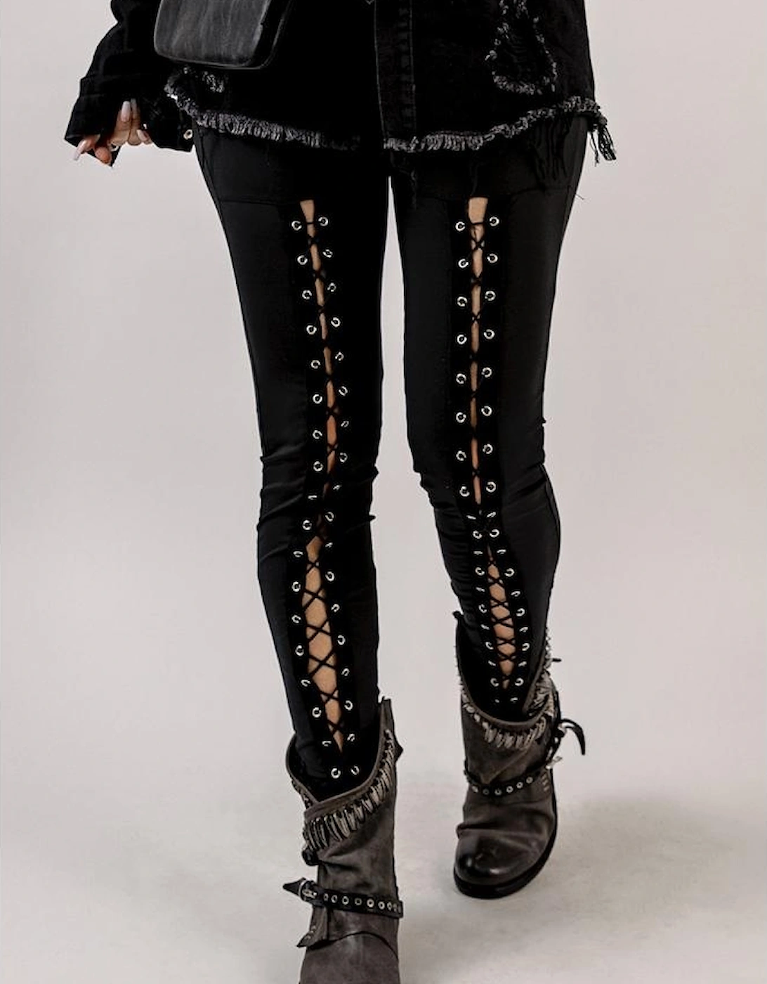 Black Grommet Lace Up Front Leggings