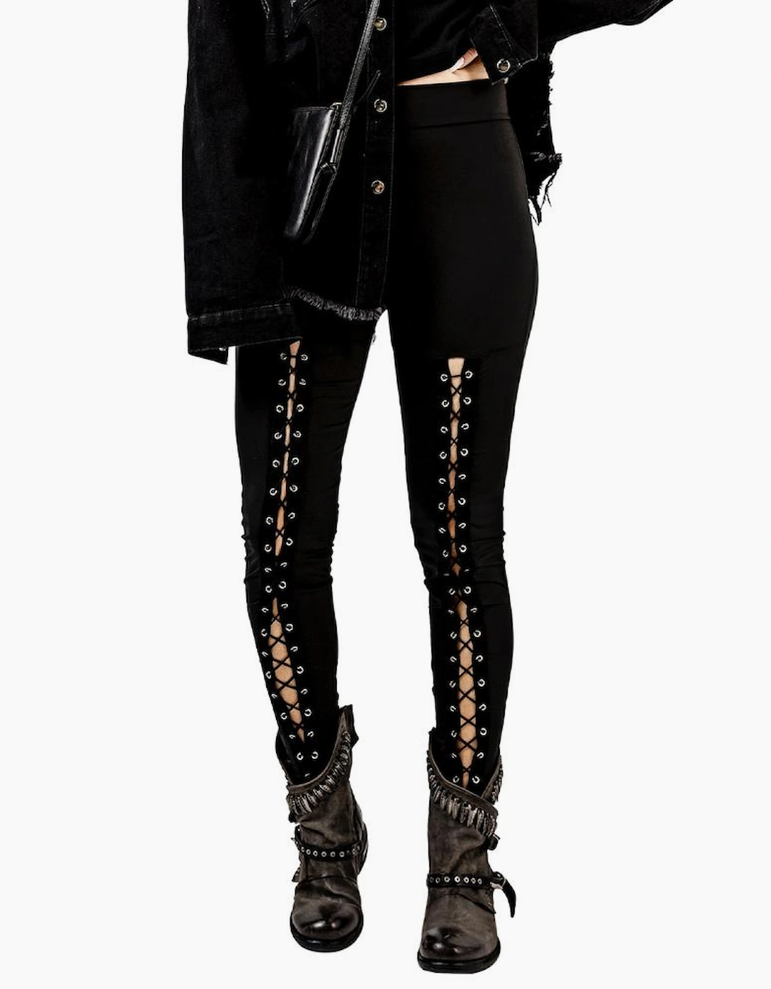Black Grommet Lace Up Front Leggings