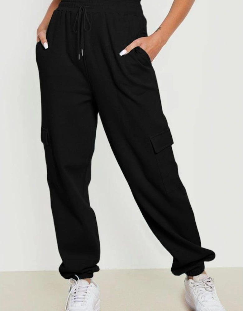 Black Waffle Texture Cargo Pocket Jogger Pants