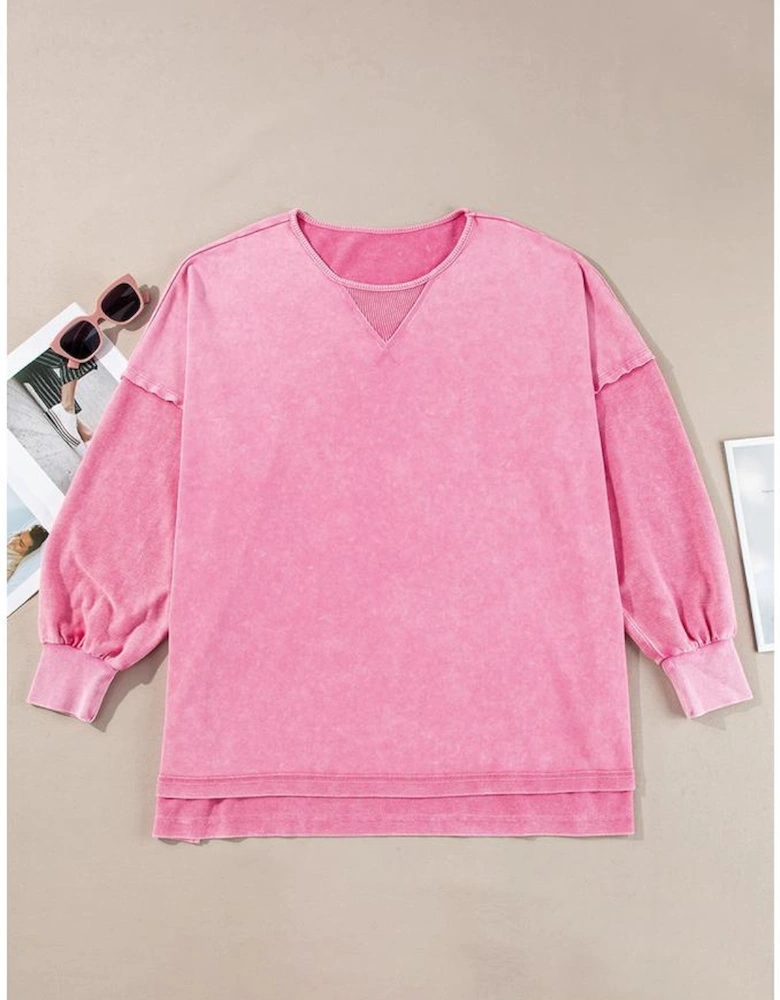 Pink Plus Size Mineral Wash Drop Shoulder Round Neck Sweatshirt