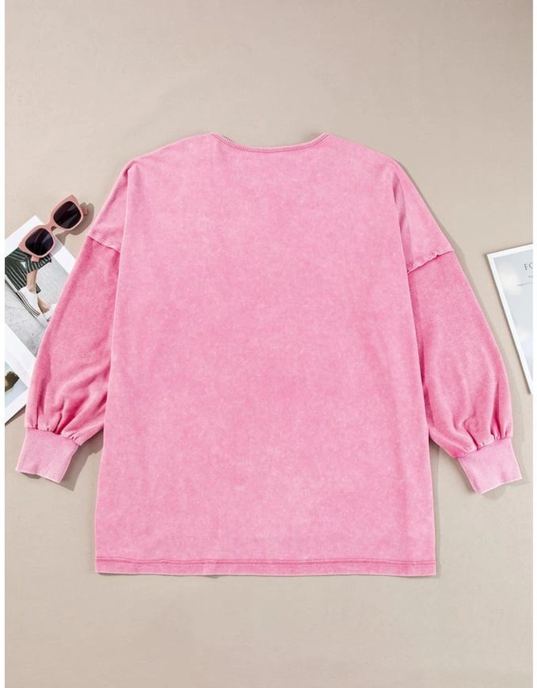 Pink Plus Size Mineral Wash Drop Shoulder Round Neck Sweatshirt