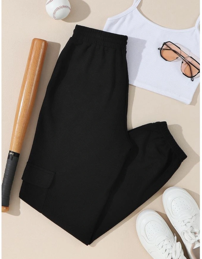 Black Waffle Texture Cargo Pocket Jogger Pants