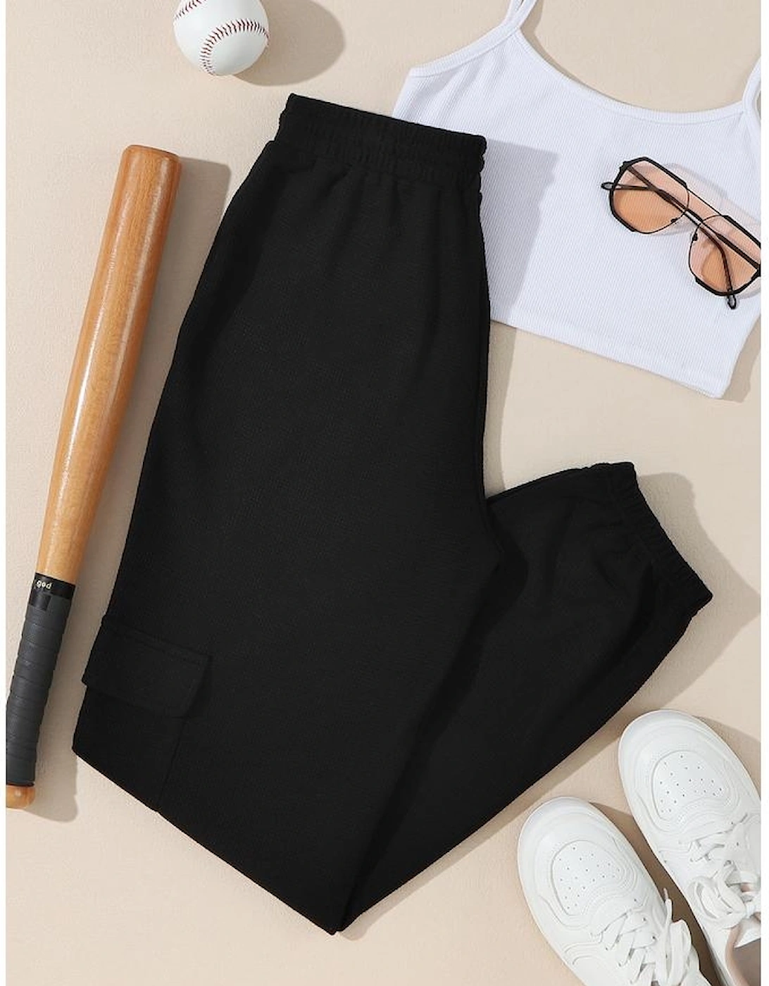 Black Waffle Texture Cargo Pocket Jogger Pants