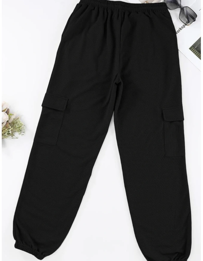Black Waffle Texture Cargo Pocket Jogger Pants