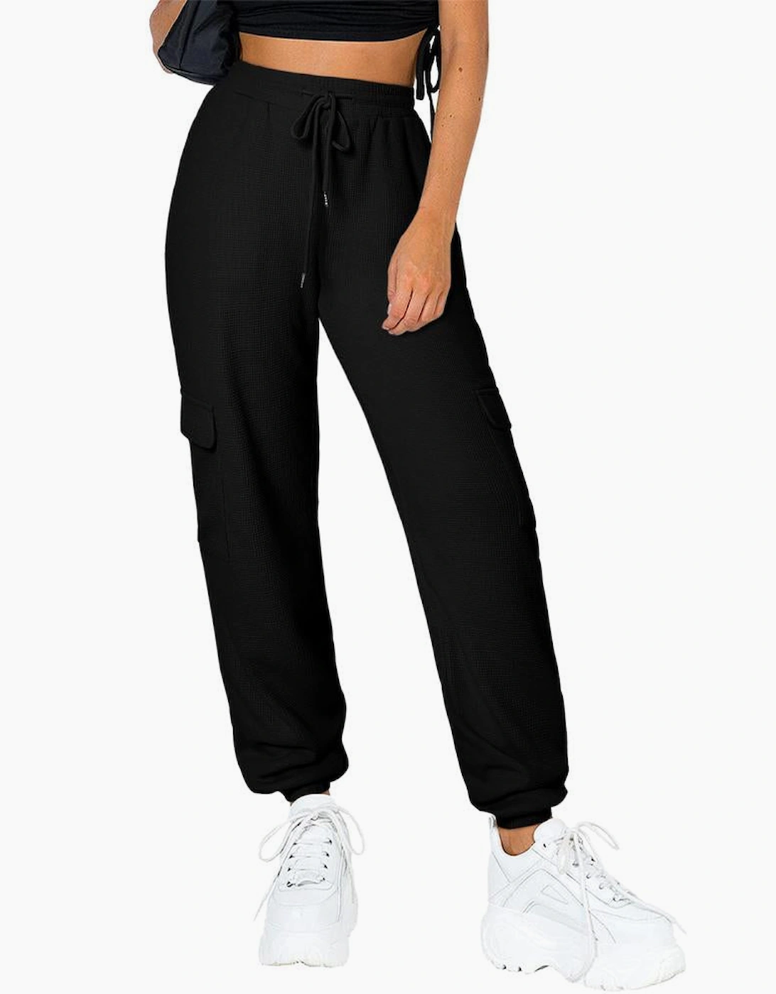Black Waffle Texture Cargo Pocket Jogger Pants