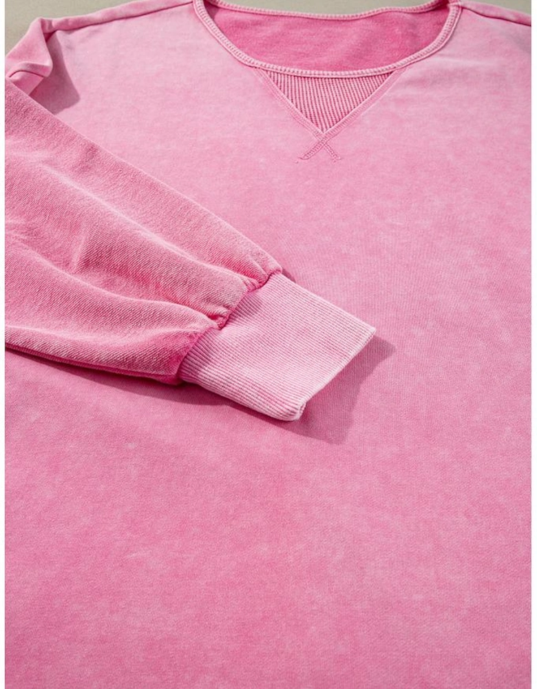 Pink Plus Size Mineral Wash Drop Shoulder Round Neck Sweatshirt