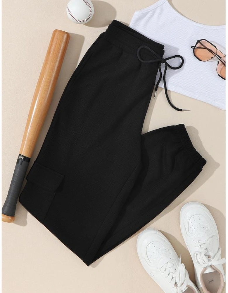 Black Waffle Texture Cargo Pocket Jogger Pants