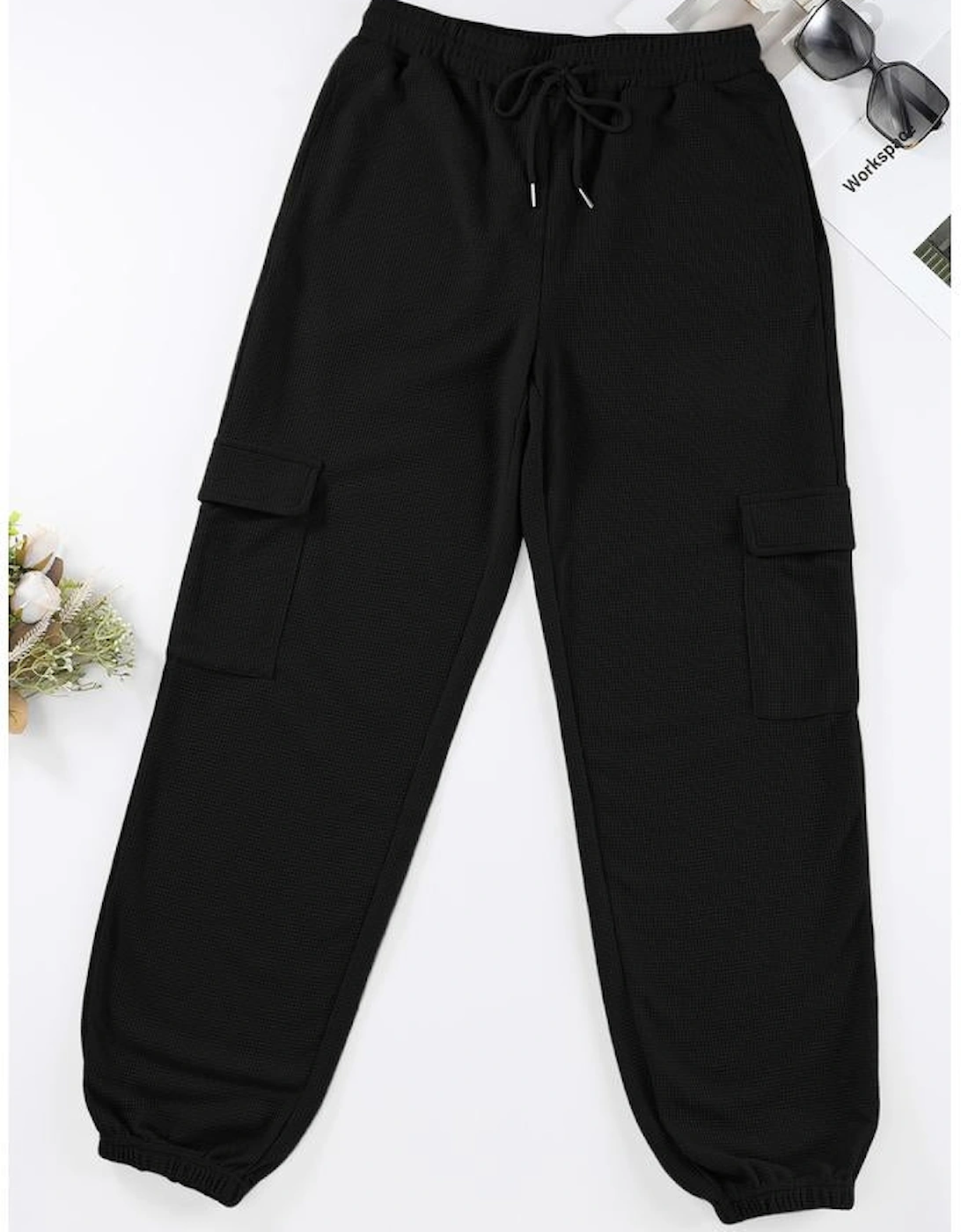 Black Waffle Texture Cargo Pocket Jogger Pants
