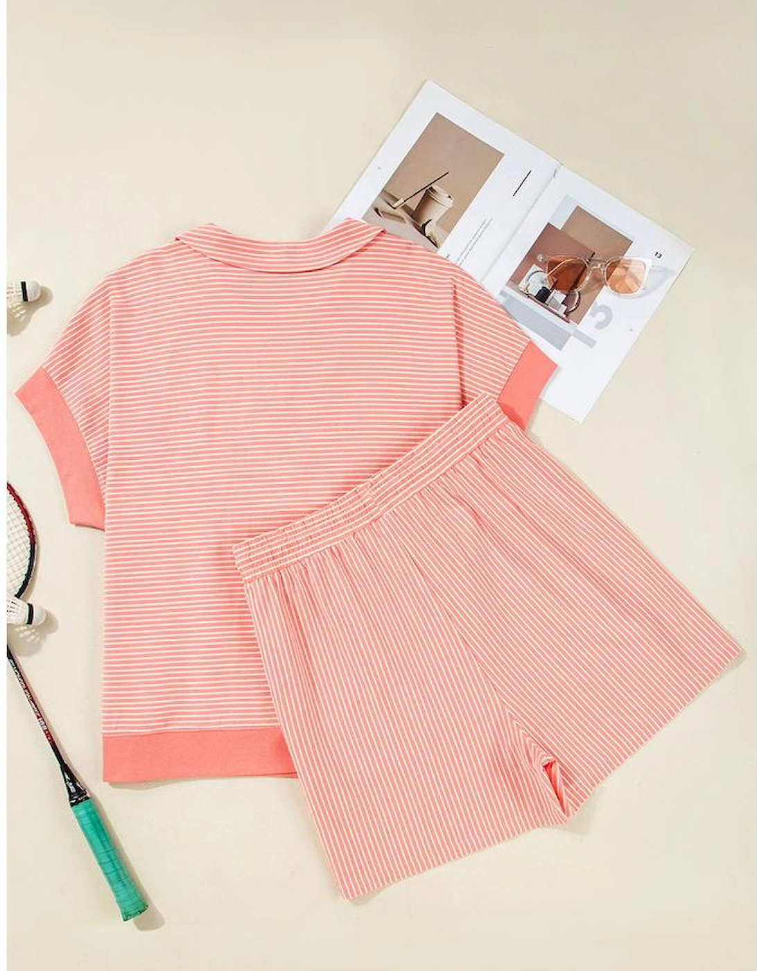 Orange Stripe Loose Polo T Shirt and Shorts Plus Size 2pcs Outfit