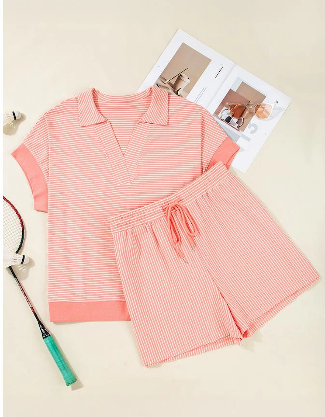 Orange Stripe Loose Polo T Shirt and Shorts Plus Size 2pcs Outfit