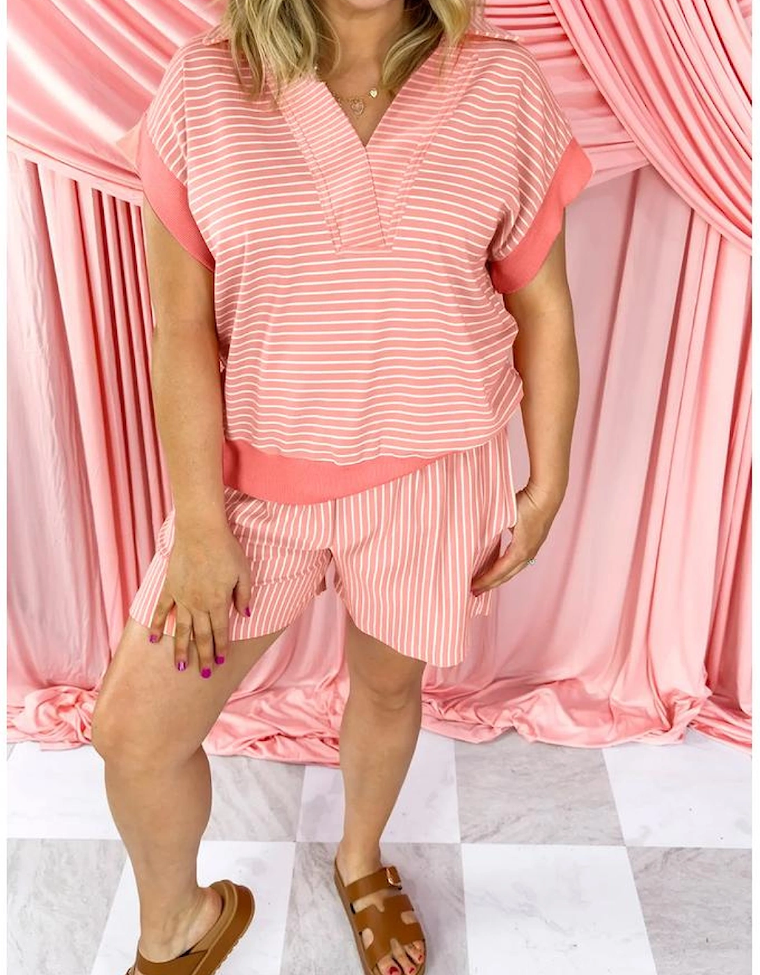 Orange Stripe Loose Polo T Shirt and Shorts Plus Size 2pcs Outfit