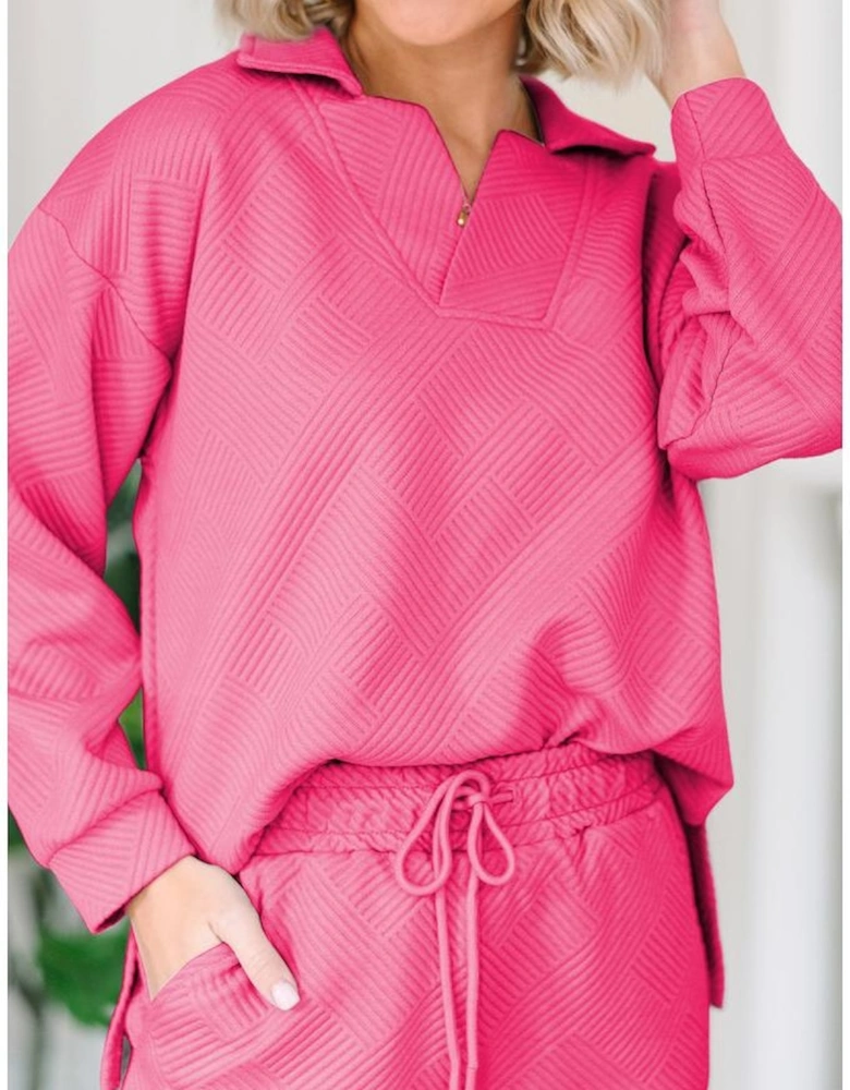 Bonbon Solid Textured Collared V Neck Top and Wide Leg Pants Set