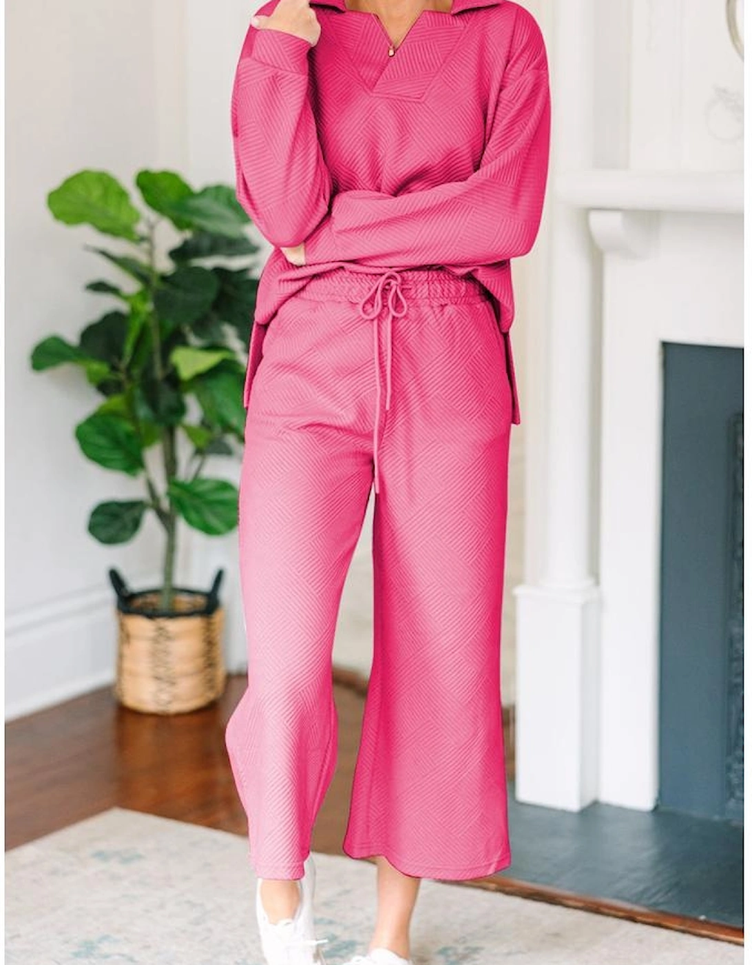 Bonbon Solid Textured Collared V Neck Top and Wide Leg Pants Set