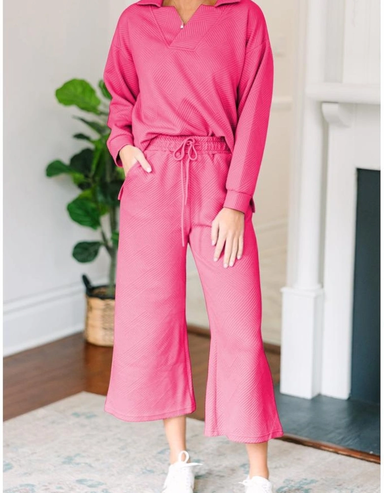 Bonbon Solid Textured Collared V Neck Top and Wide Leg Pants Set