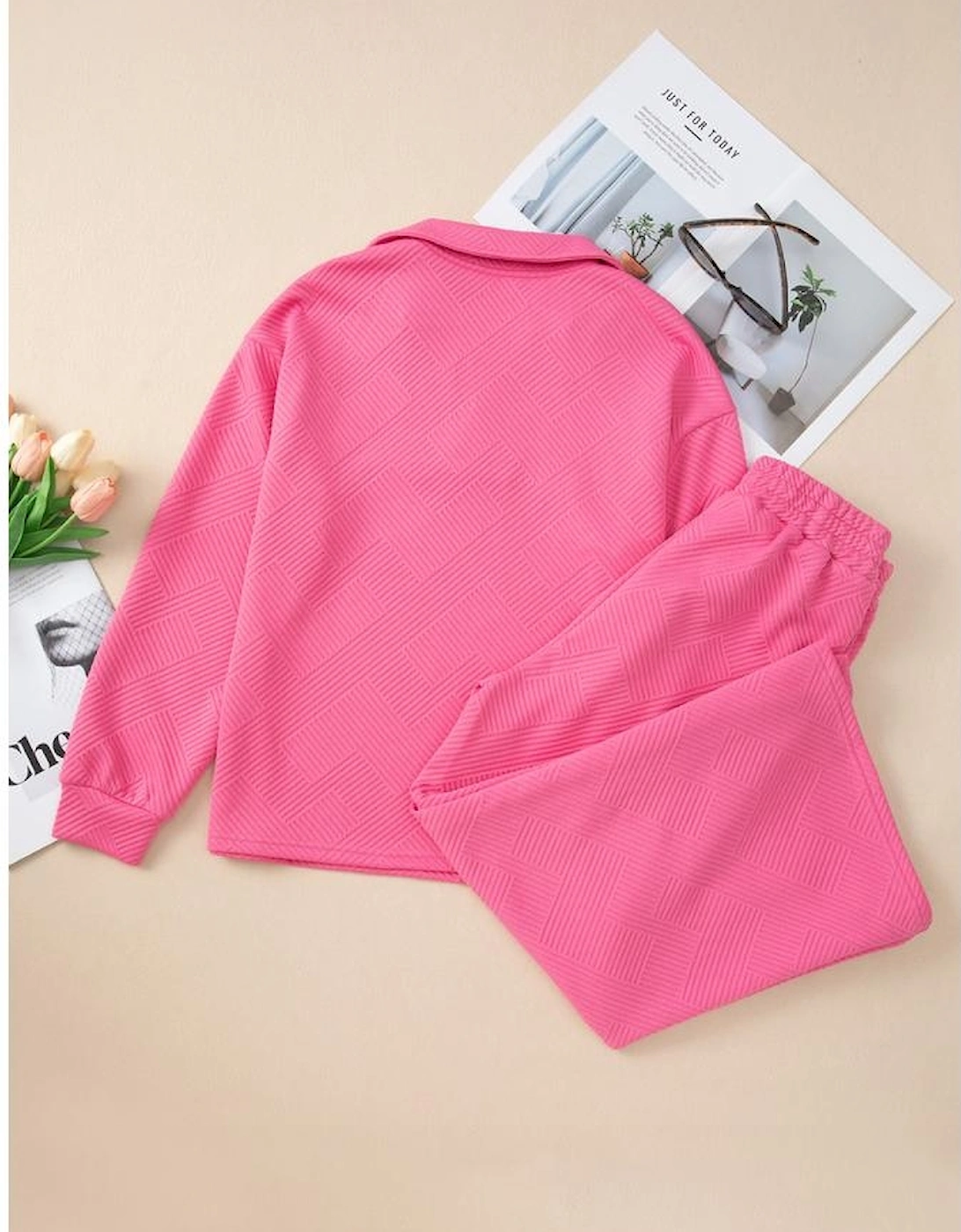 Bonbon Solid Textured Collared V Neck Top and Wide Leg Pants Set