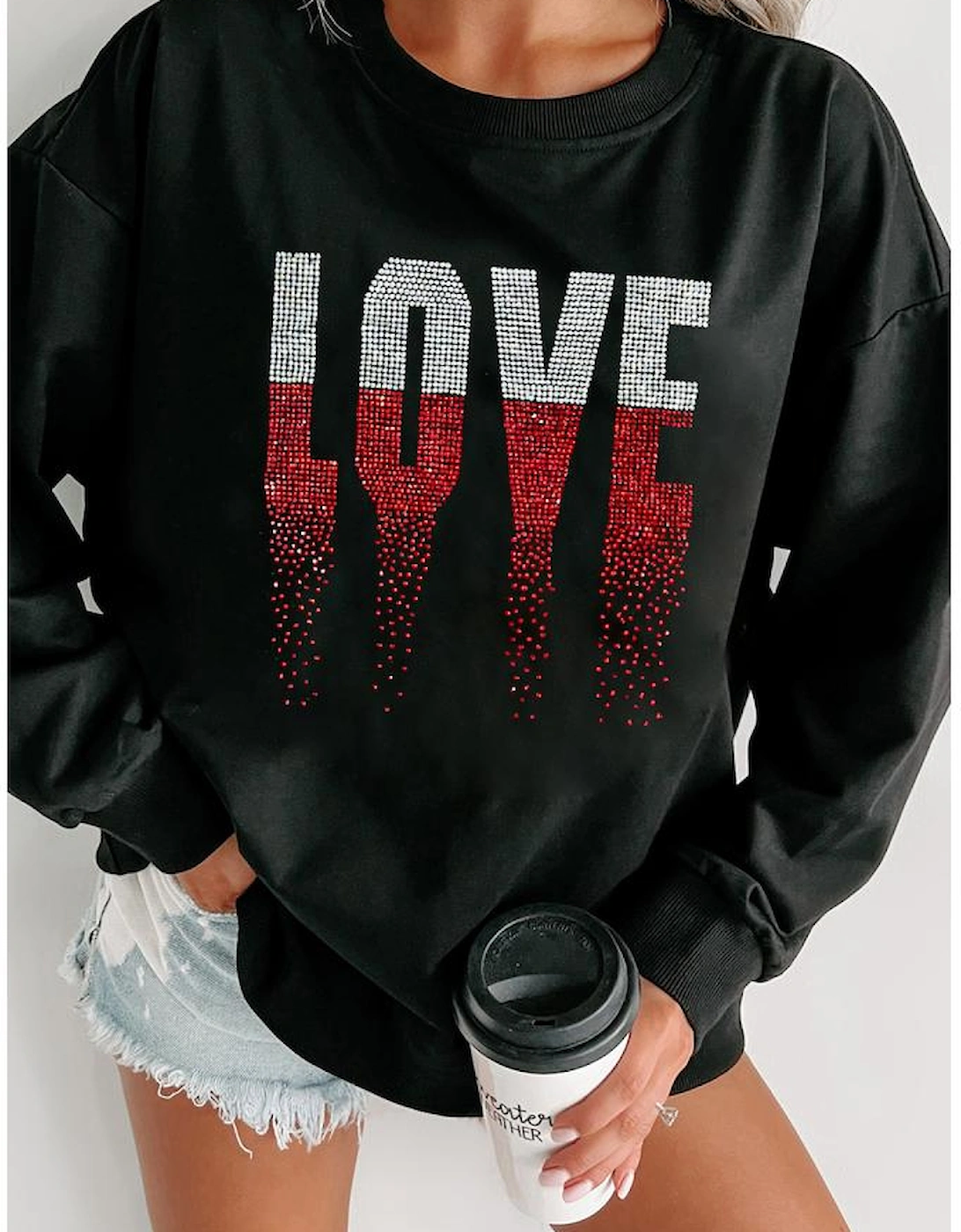 Black Rhinestone LOVE Graphic Crewneck Valentines Sweatshirt