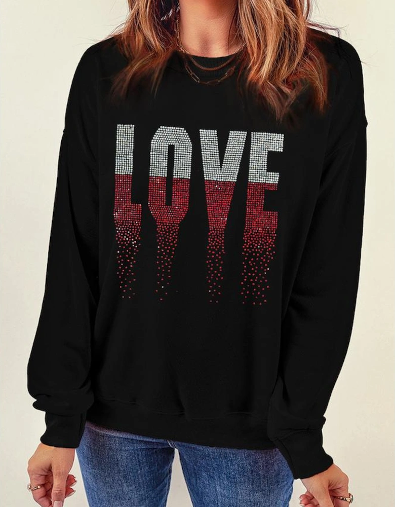 Black Rhinestone LOVE Graphic Crewneck Valentines Sweatshirt