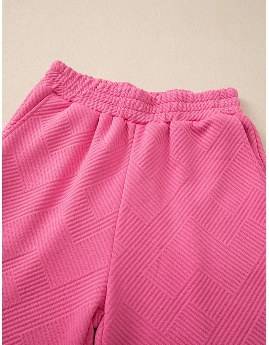 Bonbon Solid Textured Collared V Neck Top and Wide Leg Pants Set