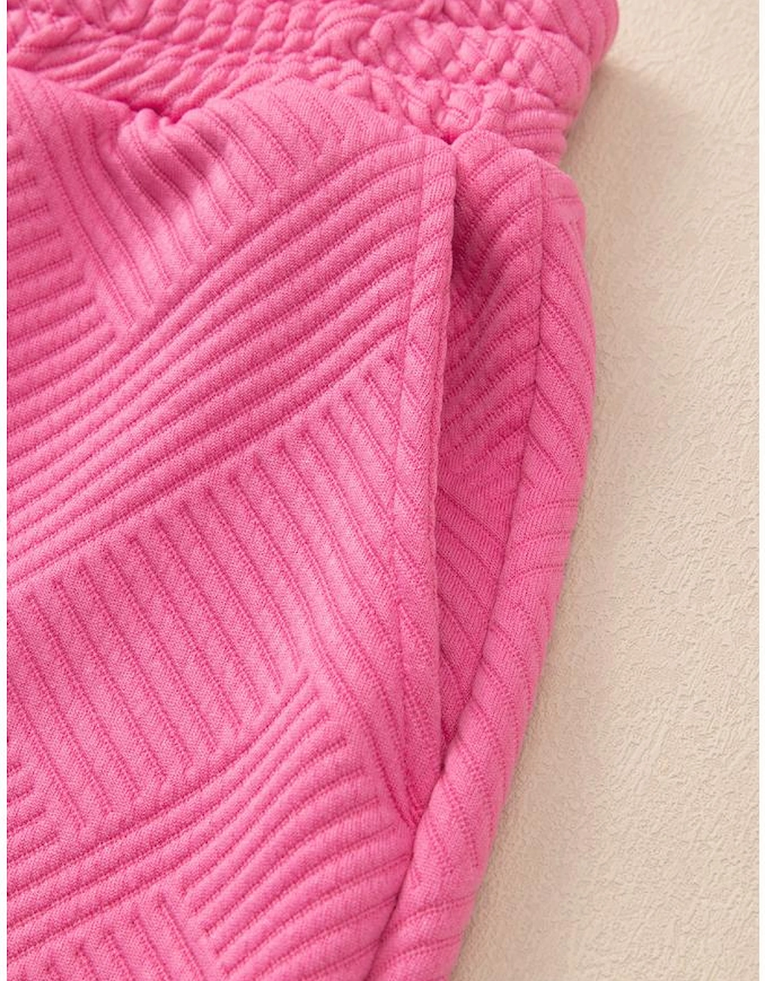 Bonbon Solid Textured Collared V Neck Top and Wide Leg Pants Set