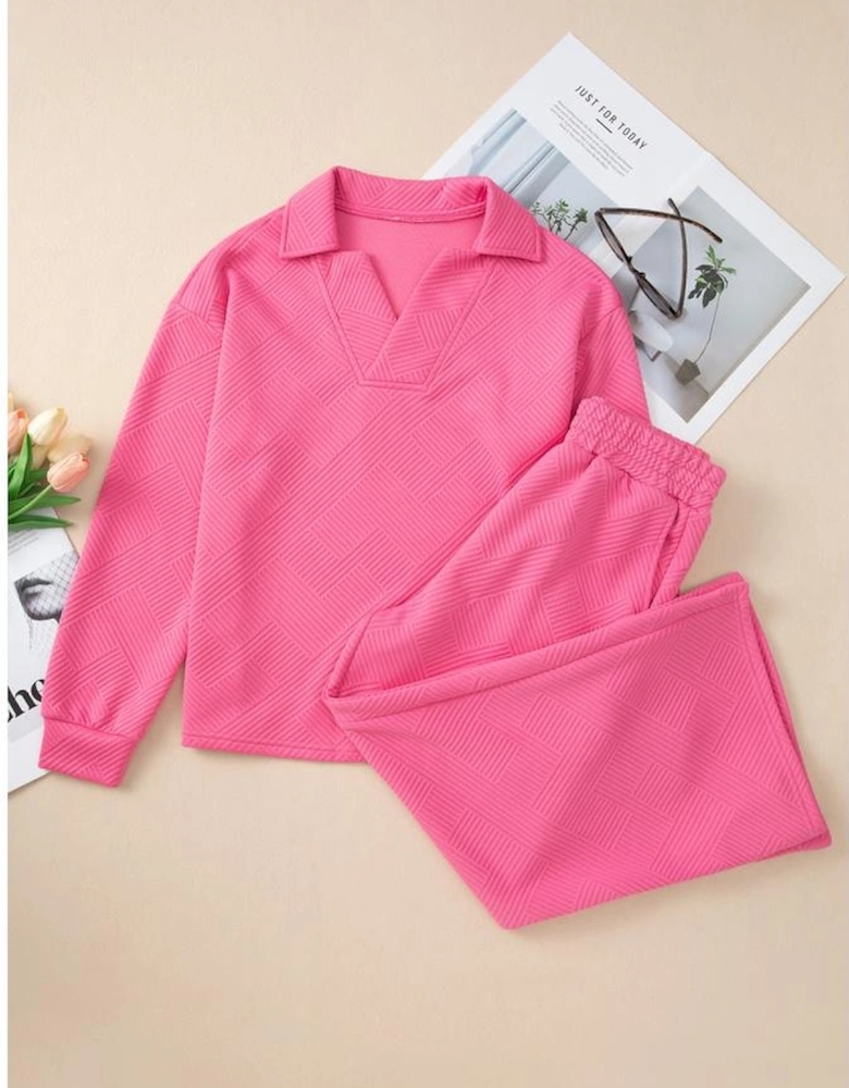 Bonbon Solid Textured Collared V Neck Top and Wide Leg Pants Set