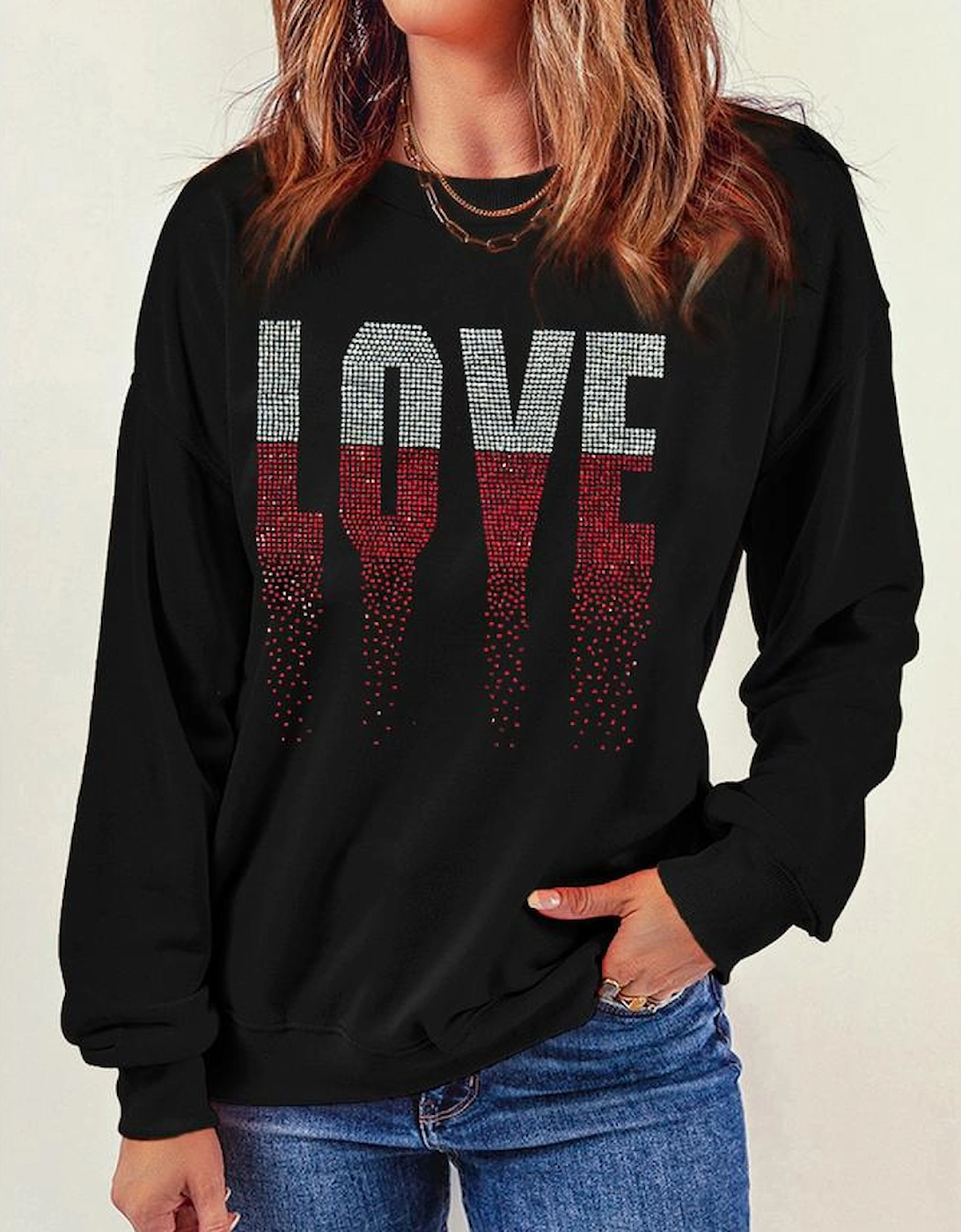 Black Rhinestone LOVE Graphic Crewneck Valentines Sweatshirt