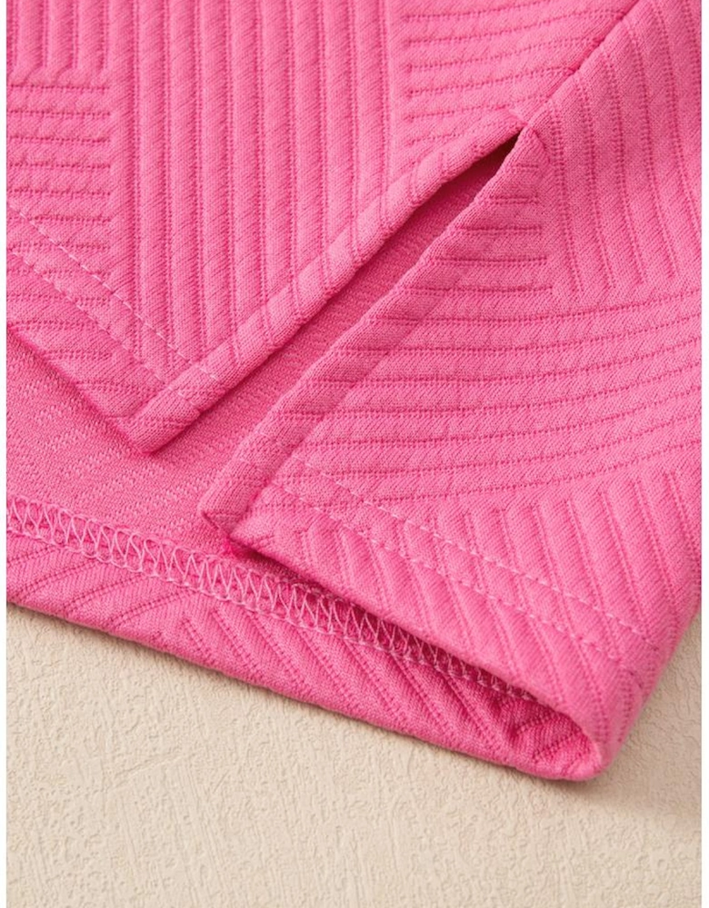 Bonbon Solid Textured Collared V Neck Top and Wide Leg Pants Set